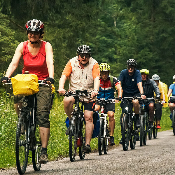 Radtour Gruppe von Menschen auf Fahrrädern im Wald
